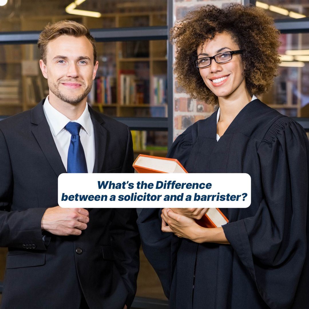 Man in suit and woman in barrister robes smiling, text bubble asking 
