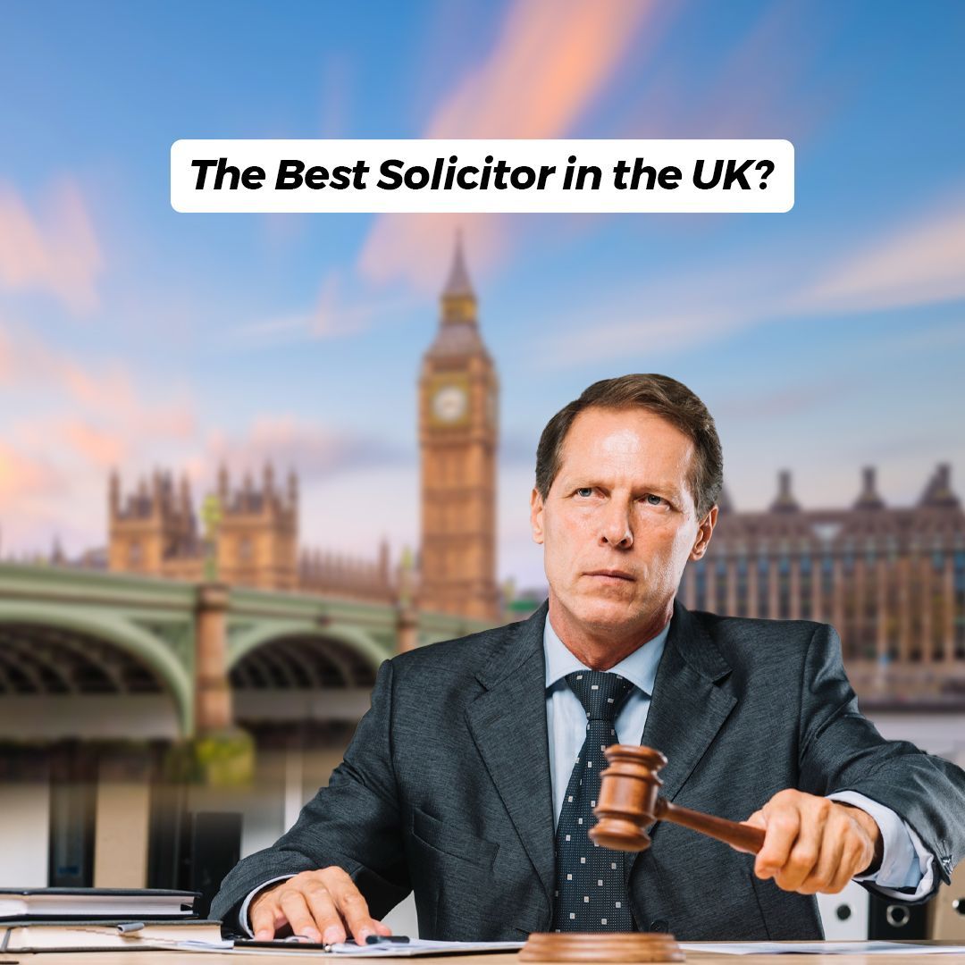 A solicitor holding a gavel, in front of the Houses of Parliament. Text: 
