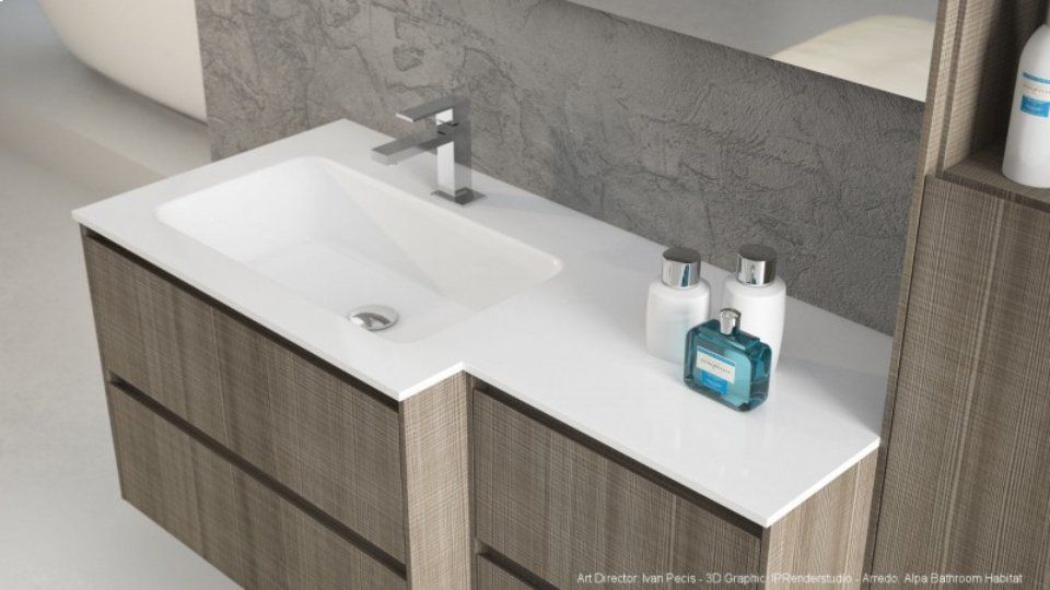 Mobile bagno moderno con lavabo bianco, rubinetto cromato e dispenser di sapone blu su mobiletto in legno.
