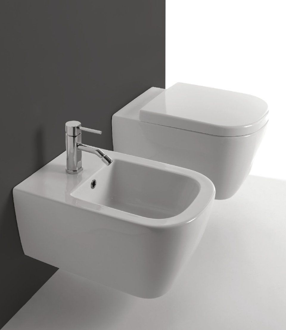 WC sospeso moderno di colore bianco e bidet abbinato in un bagno minimalista.