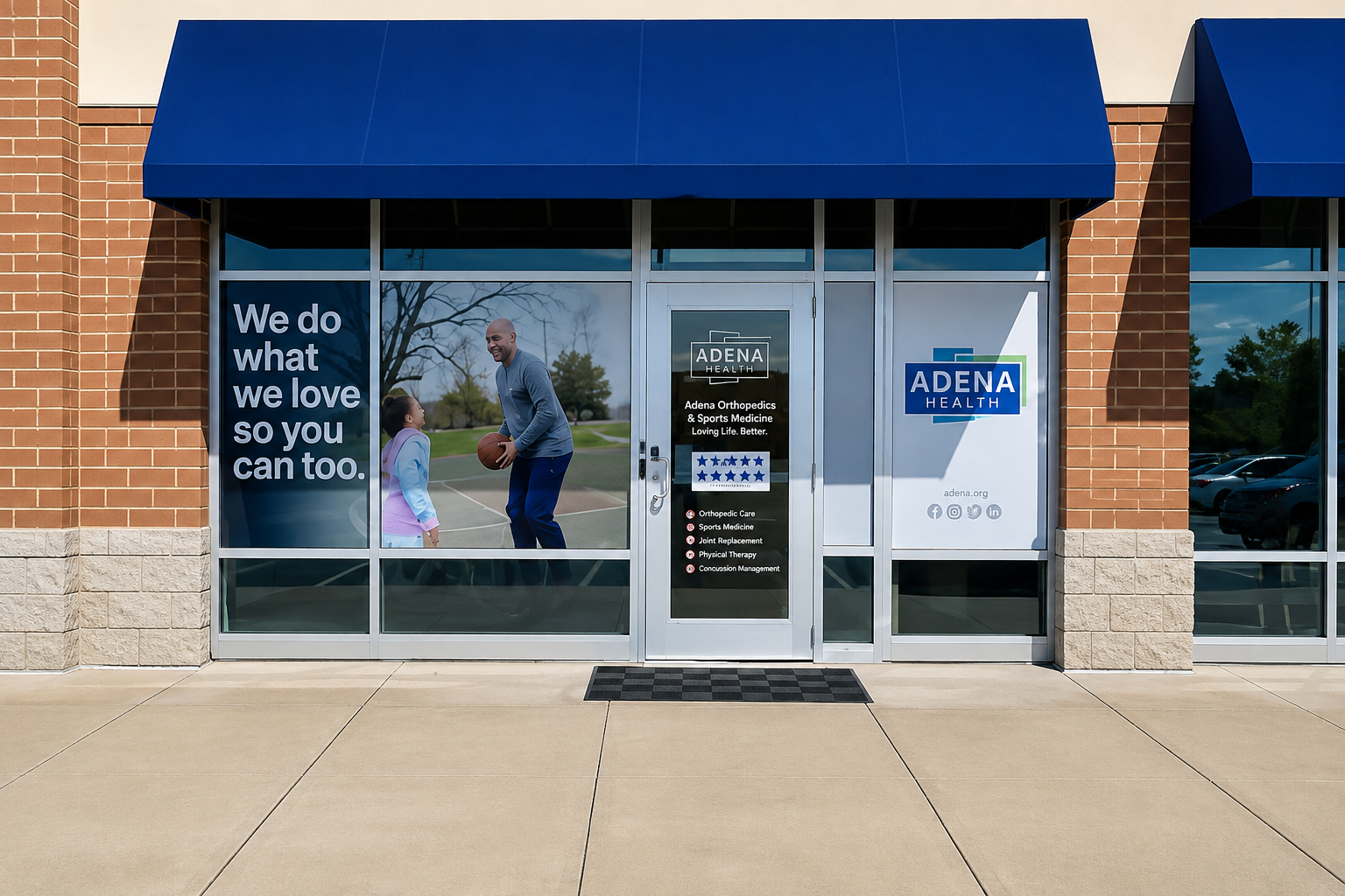 Storefront with blue awning, glass windows, and a sign reading “We do what we love so you can too.”