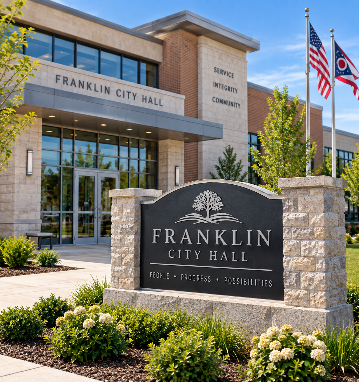 Franklin City Hall entrance with stone sign, landscaped flowers, and U.S. and Ohio flags flying.