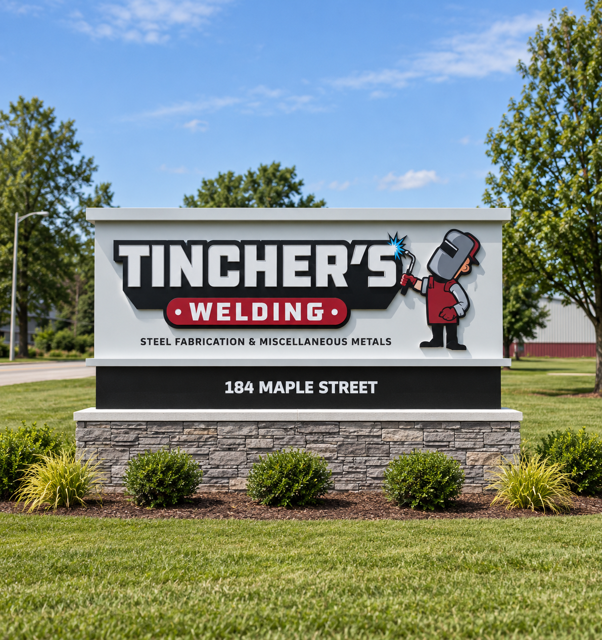 Tincher’s Welding sign on a stone base with red and black lettering at 184 Maple Street
