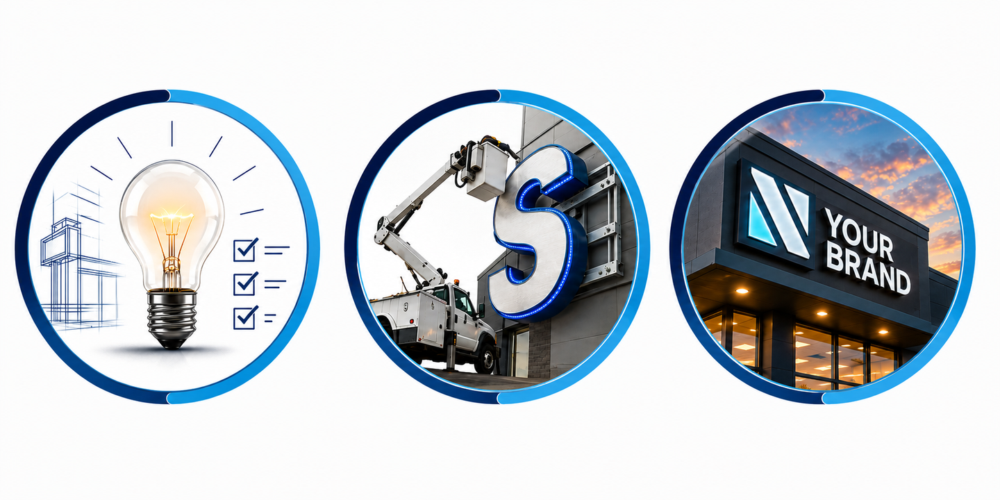 Three blue-rimmed circles showing a light bulb checklist, a robotic arm with S, and a storefront sign.