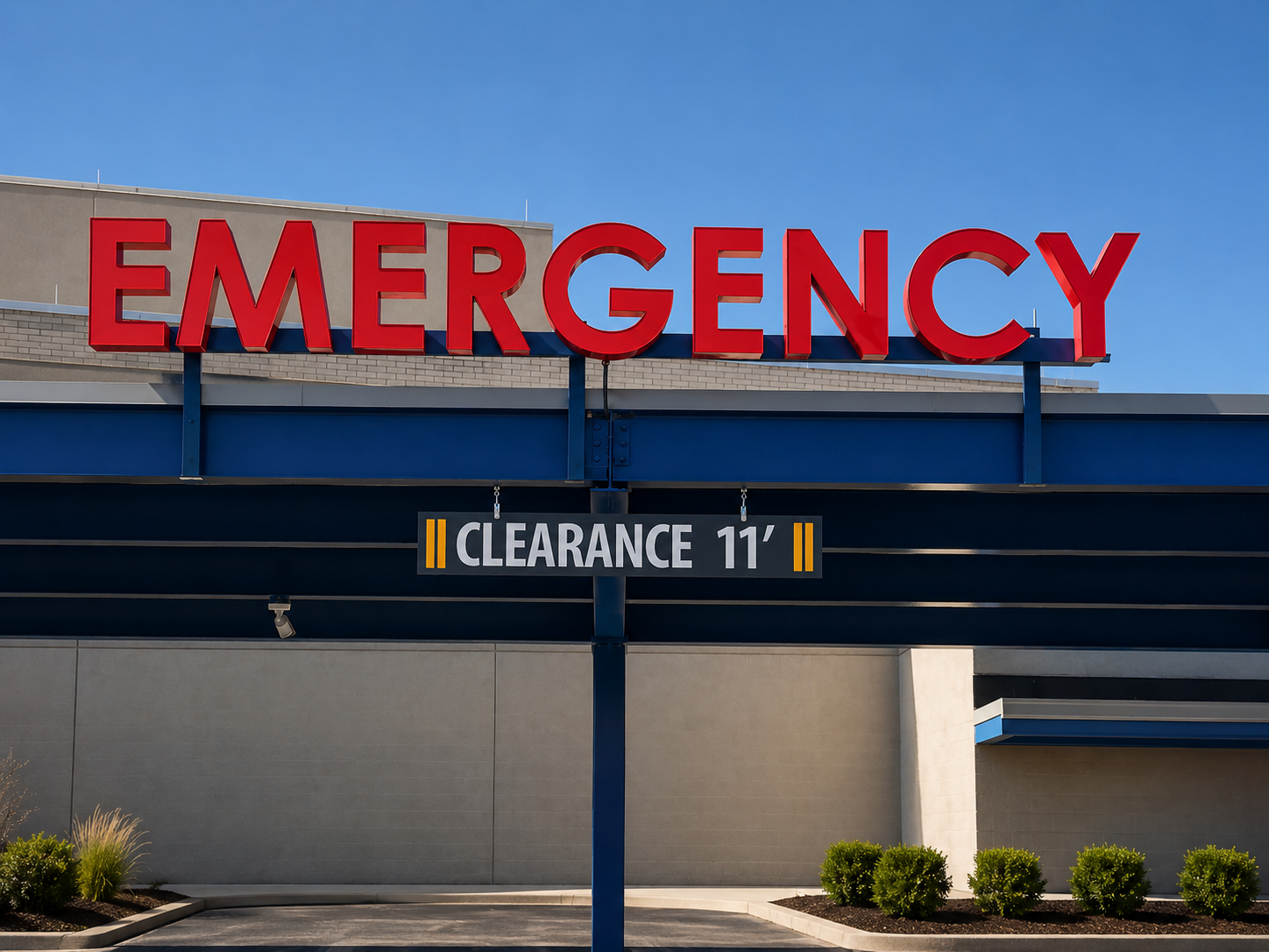 Emergency entrance with red sign and 11' clearance marker above a building awning