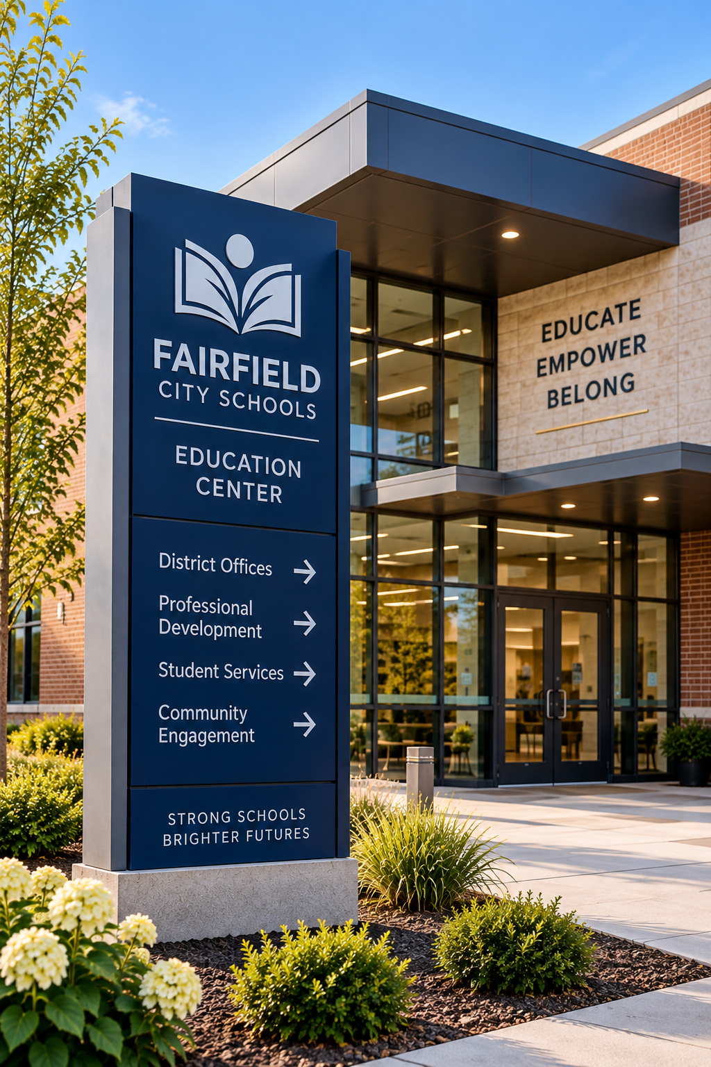 Fairfield University Education Center sign beside glass entrance with “Educate, empower, belong” banner