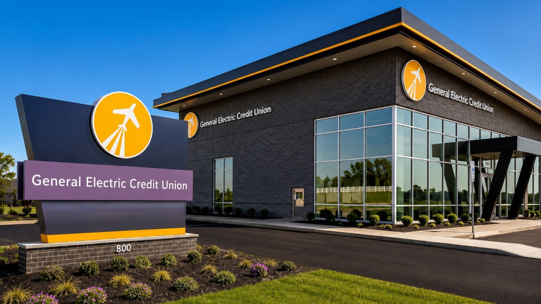 General Electric Credit Union branch exterior with sign, glass entrance, and landscaped parking lot