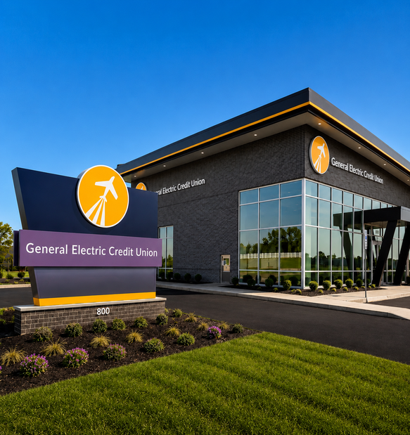 General Electric Credit Union branch exterior with sign, glass entrance, and landscaped lawn