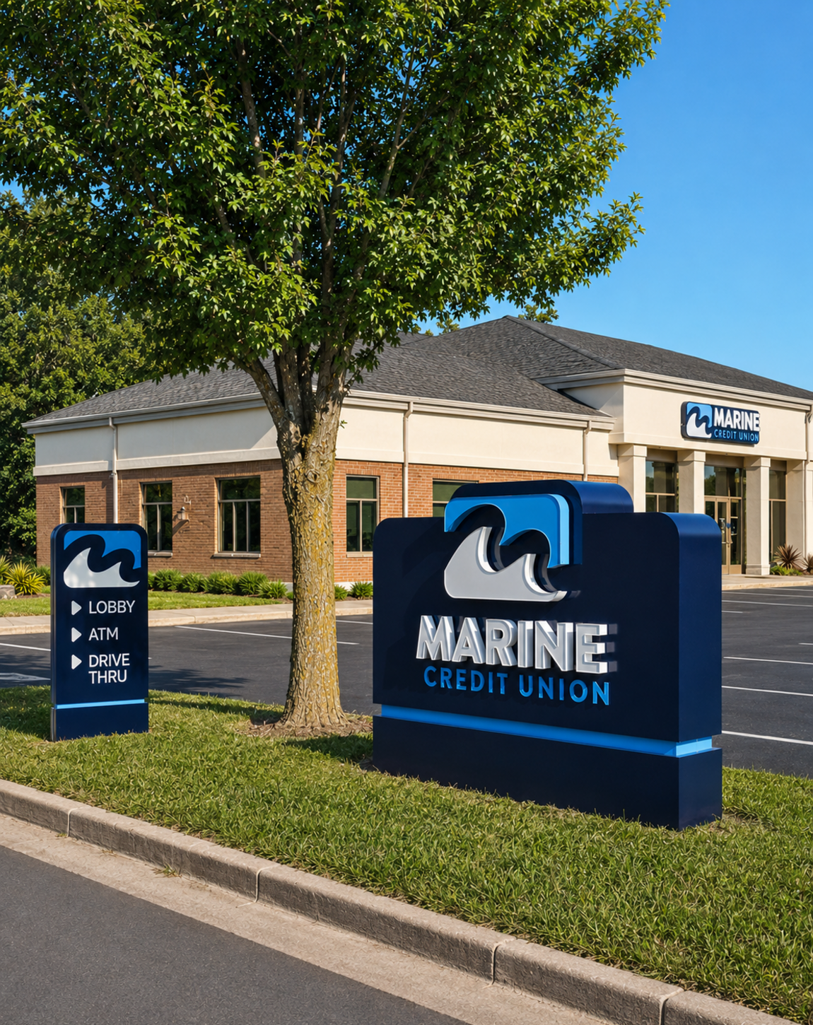 Marine Credit Union branch sign outside a brick building with blue sky and trees