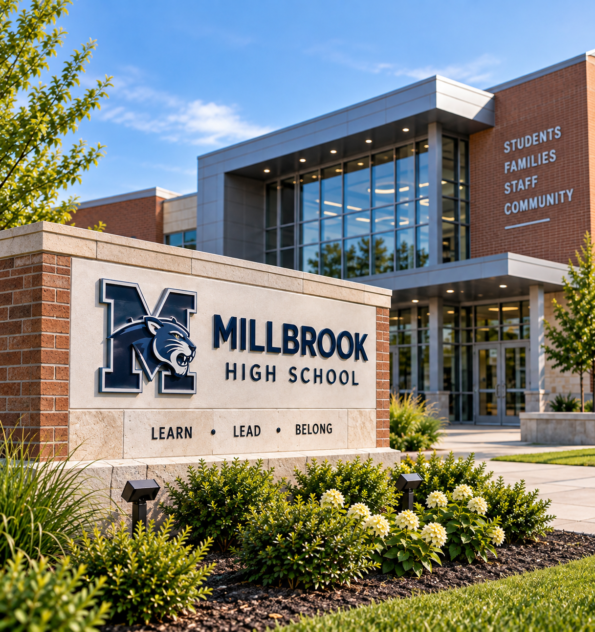 Millbrook High School sign in front of a modern school building on a sunny day