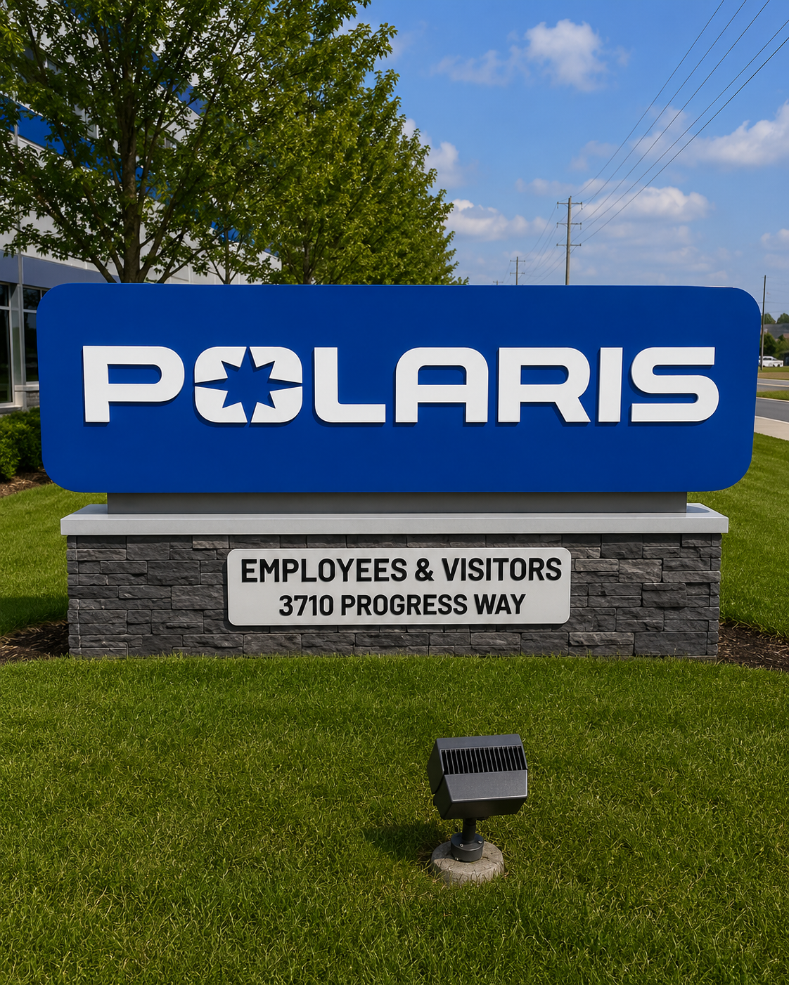 Blue Polaris sign with “Employees & Visitors 2710 Progress Way” in front of a building on a grassy lawn.