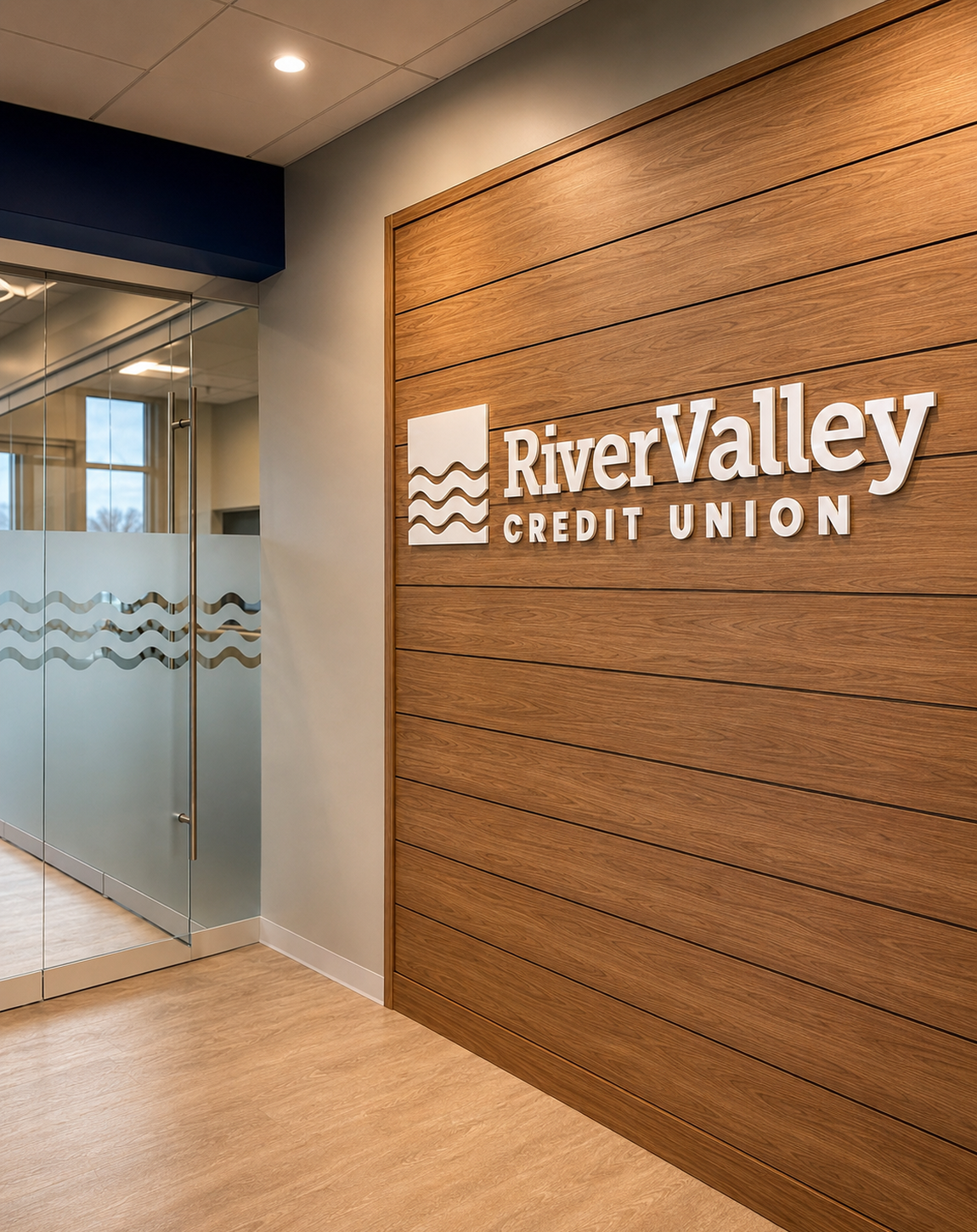 River Valley Credit Union sign on wood-paneled wall beside frosted glass office doors