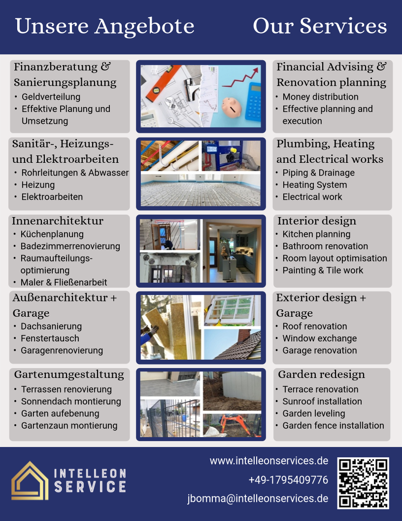 Poster with home services: financial, plumbing, garage, garden, and more, with text and related images.