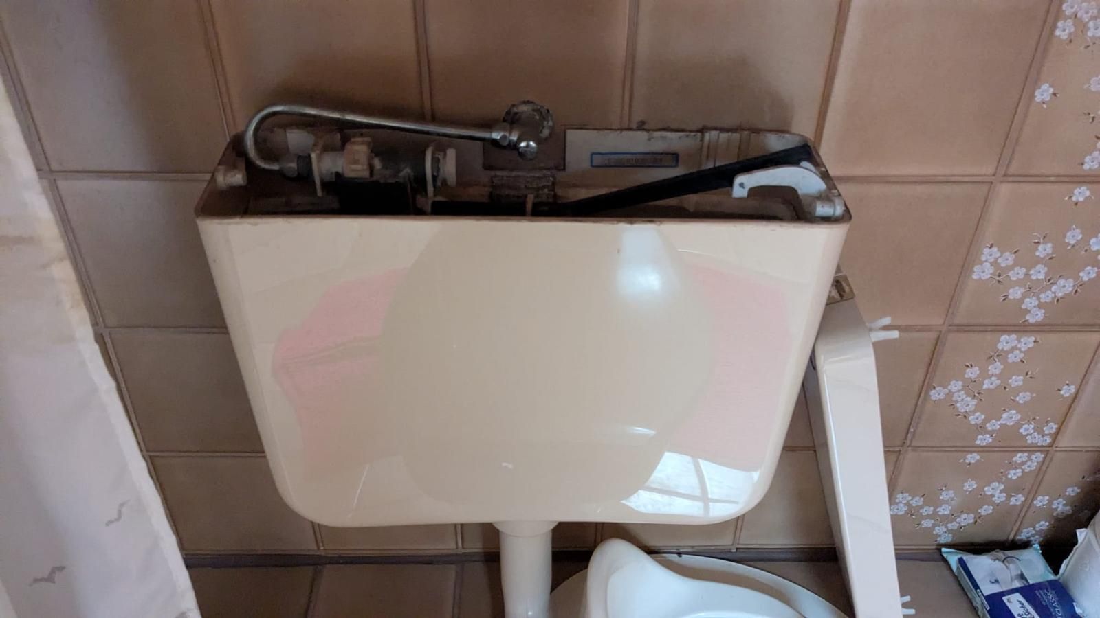 A toilet tank is sitting next to a toilet in a bathroom.
