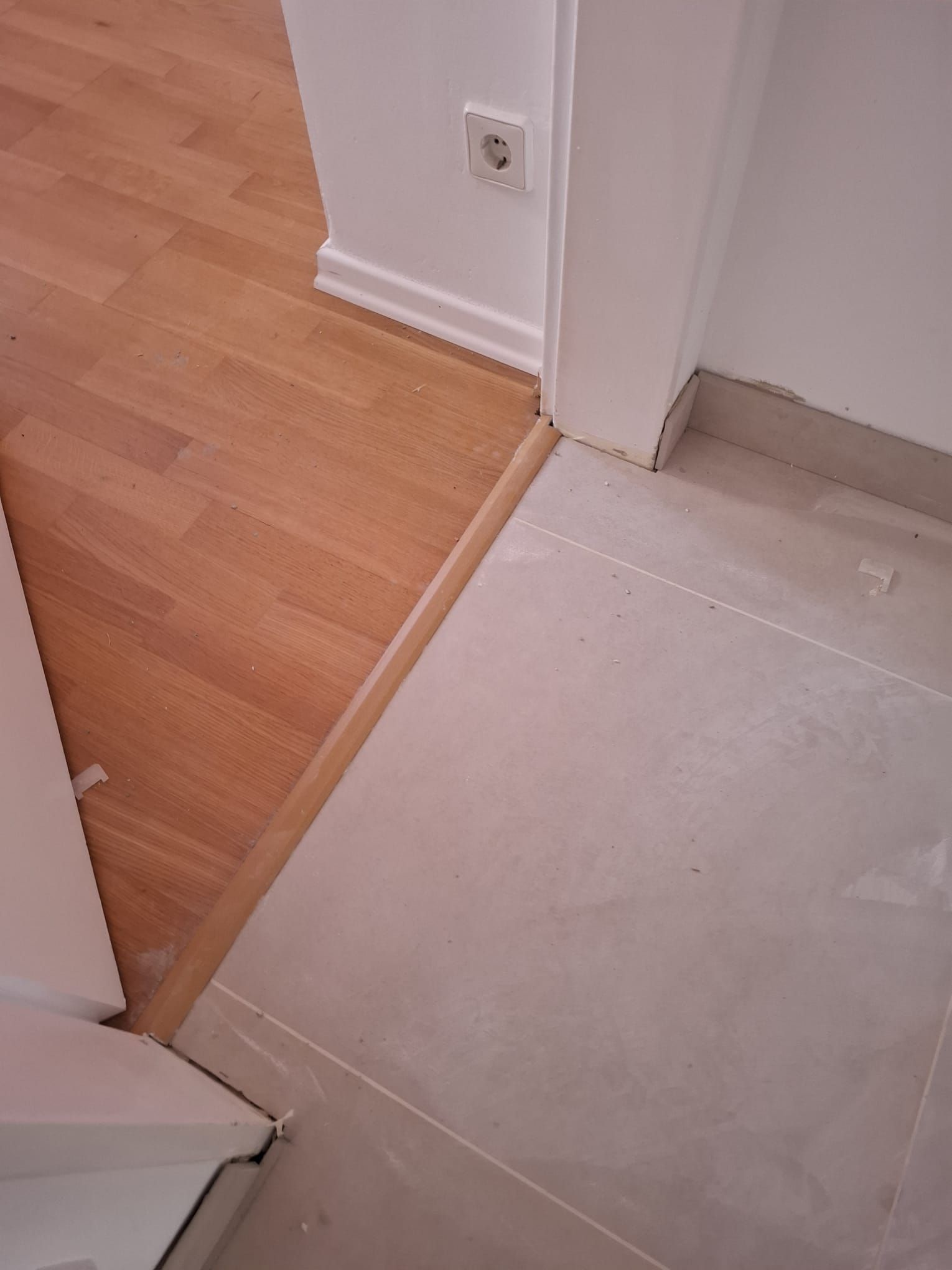 Transition between hardwood floor and tiled floor, with a threshold.