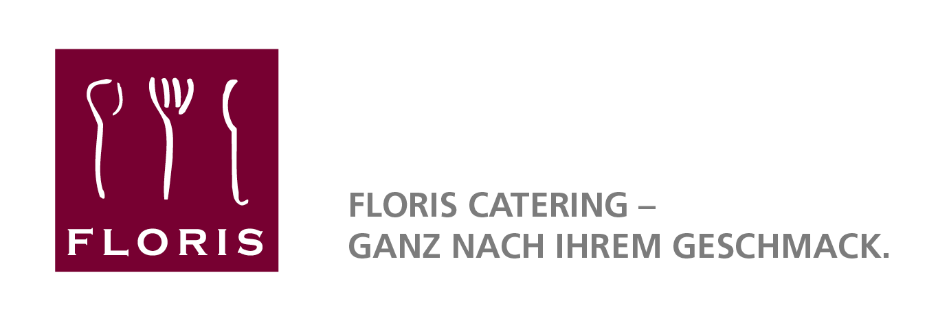 Logo for Floris Catering: cutlery icons in a burgundy square, with text 