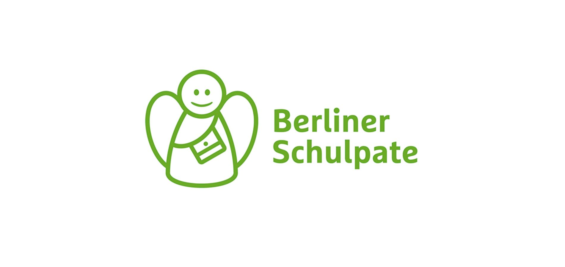 Grüner Cartoon-Engel mit einer Schultasche, lächelnd, neben dem Text