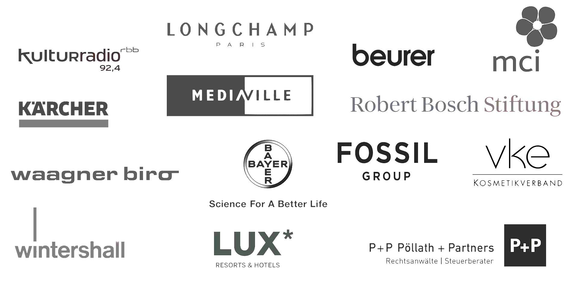 Logos verschiedener Unternehmen, darunter Kärcher, Longchamp und Fossil Group.
