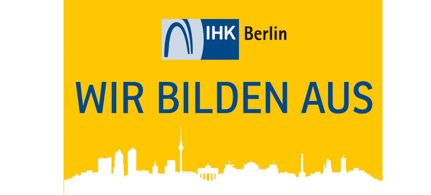 Logo der IHK Berlin: „Wir erziehen“ auf Deutsch, über der Berliner Skyline, gelber Hintergrund, blaue Akzente.