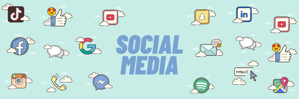 A set of social media icons on a blue background.