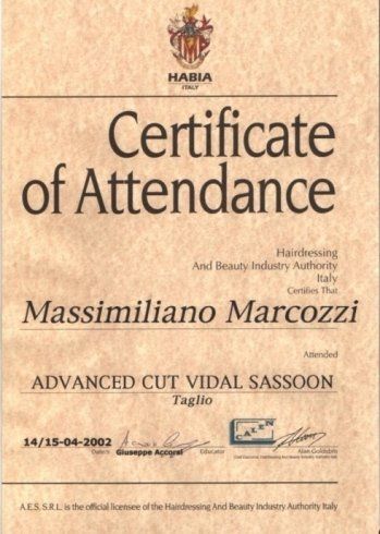 Attestato di partecipazione per Massimiliano Marcozzi, Advanced Cut Vidal Sassoon, rilasciato nel 2002.