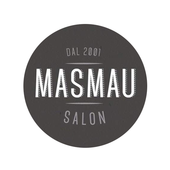 Logo per Masmau Salon: cerchio nero con testo bianco; 
