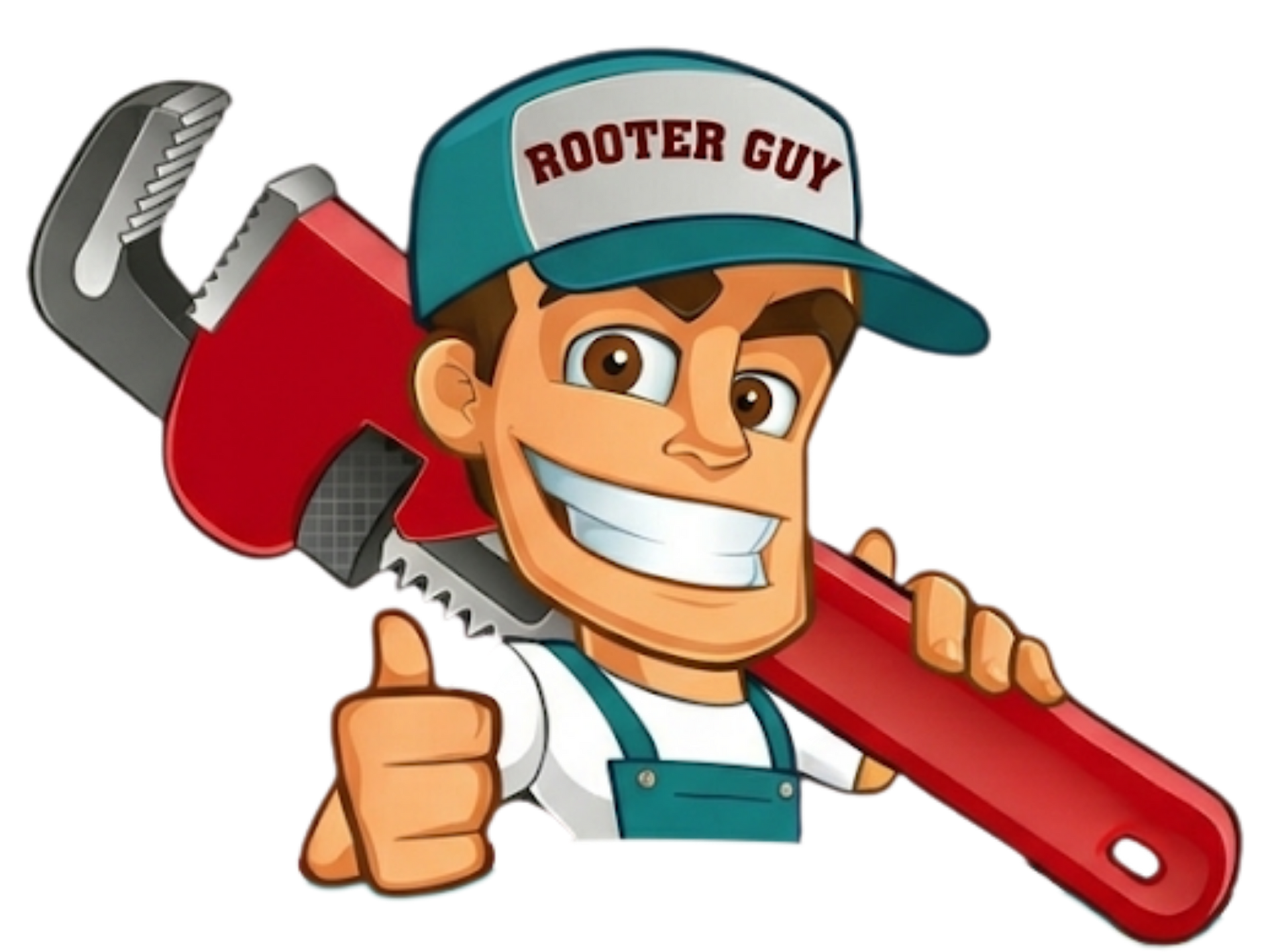 Cartoon plumber mascot in a red cap holding a large red pipe wrench and giving a thumbs-up