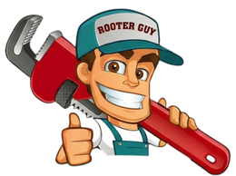 Cartoon plumber mascot in a red cap holding a large red pipe wrench and giving a thumbs-up