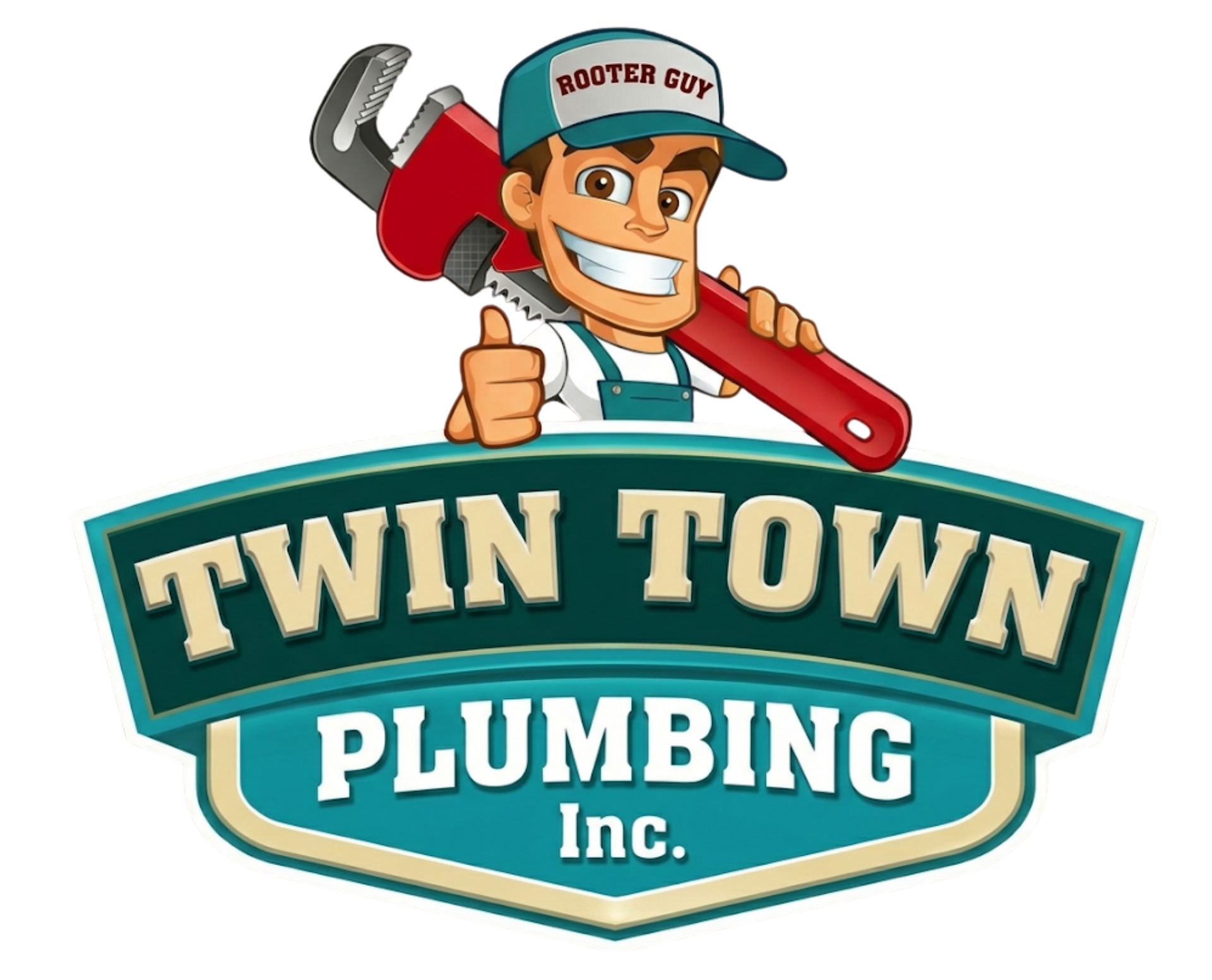 Twin Town Plumbing Inc. logo with smiling plumber holding a red pipe wrench and giving a thumbs-up