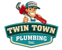 Twin Town Plumbing Inc. logo with smiling plumber holding a red pipe wrench and giving a thumbs-up