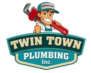 Logo for Twin Town Plumbing Inc. with a smiling plumber holding a red pipe wrench