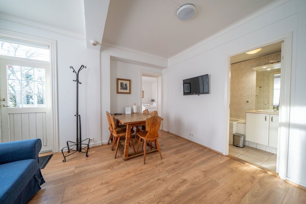 A bright, open-plan room with light wood floors, a dining table with wooden chairs, a coat rack, and a visible bathroom.