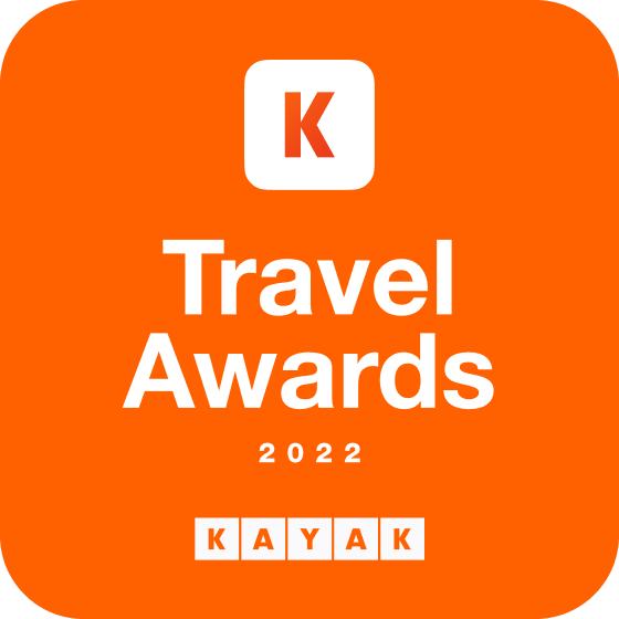 A square orange graphic with a white displaying a Kayak Travel Award for 2022