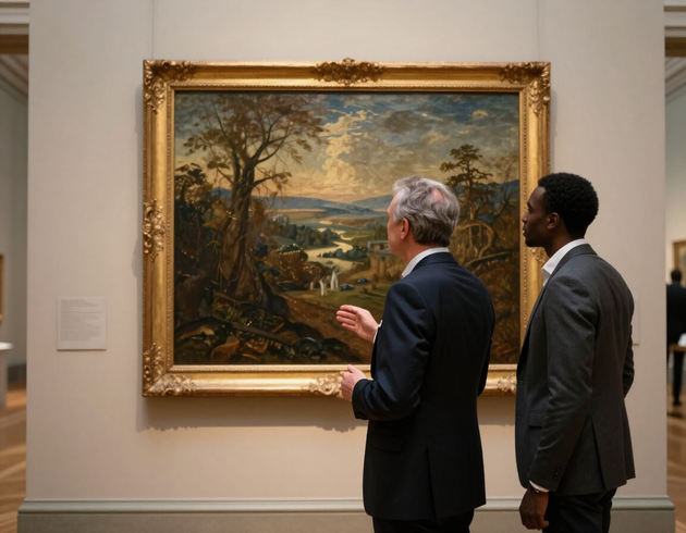 Museum curator and collector viewing fine art