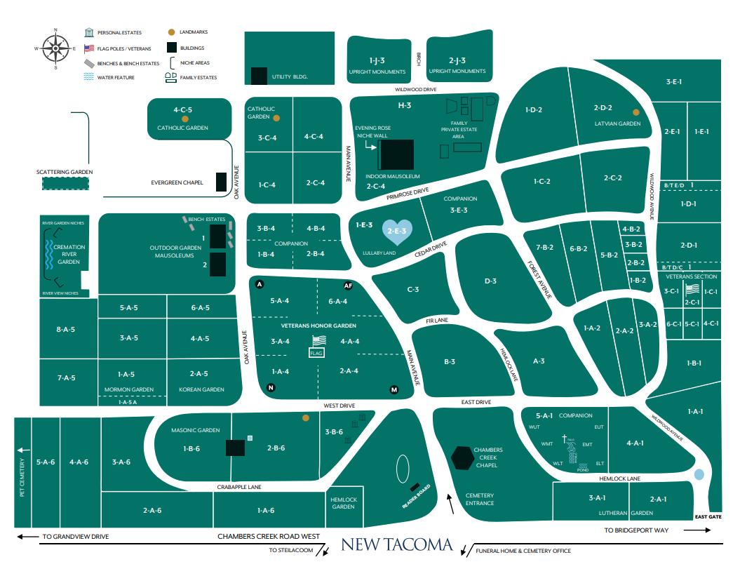 Teal campus map with labeled buildings, roads, and pathways; legend at top left.