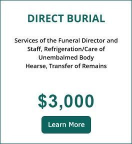 Direct burial ad with funeral services listed and $3,000 price, green “Learn More” button
