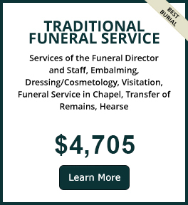 Traditional funeral service ad with $4,705 price and Learn More button