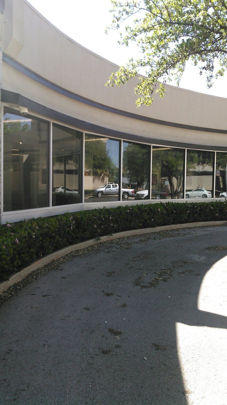 Curved modern building with large windows and a tree casting shadows on the sidewalk