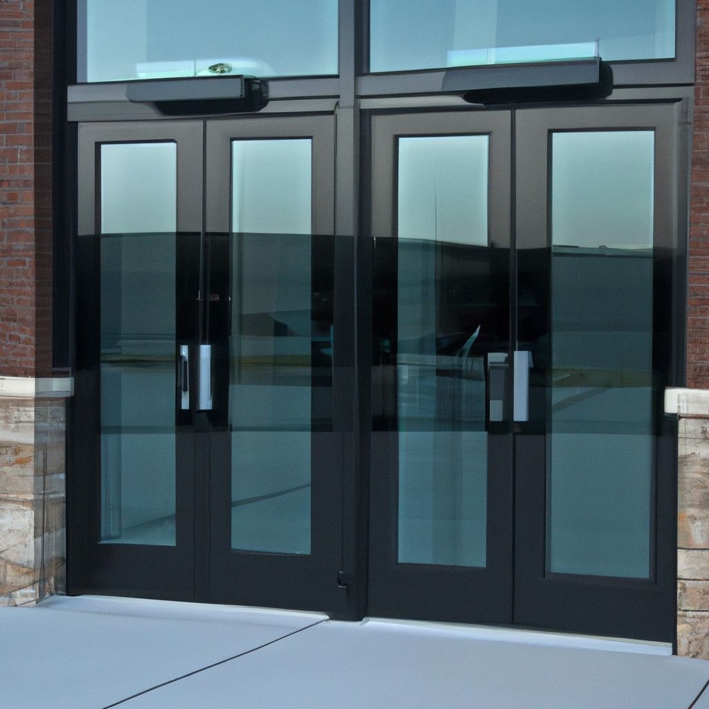 Glass double doors on a building entrance with black frames and silver handles