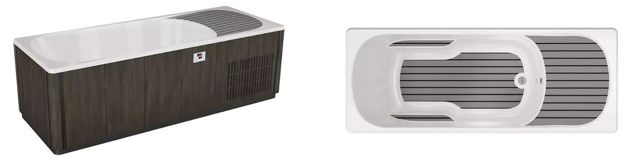 Rectangular dark wood speaker with white top, shown in side and top views.