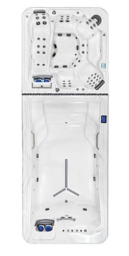 Top-down view of a white hot tub or spa with multiple jets and seating areas
