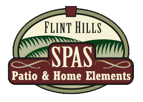 Flint Hills Spas logo with maroon and green banner and “Patio & Home Elements” text