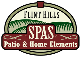 Flint Hills Spas Patio & Home Elements logo in green, burgundy, and cream