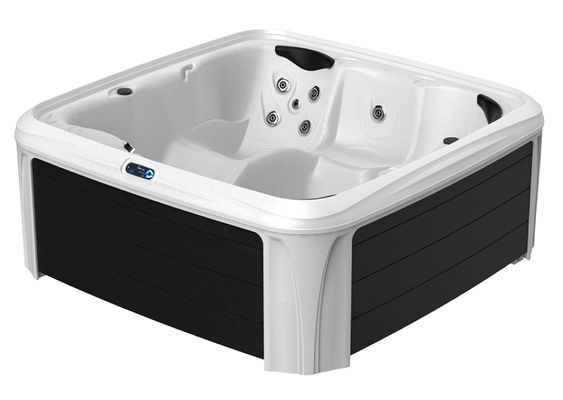 White square hot tub with black exterior panels and built-in jets on a plain background