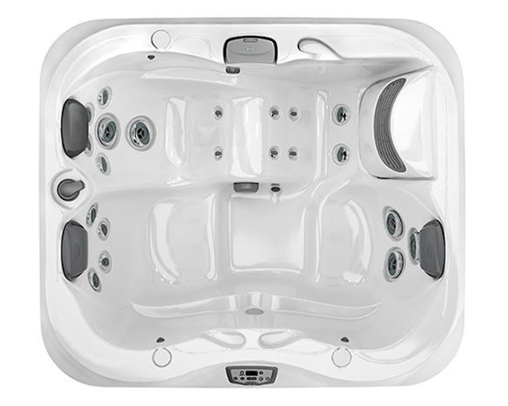 Top-down view of a white hot tub with multiple massage jets and built-in seats