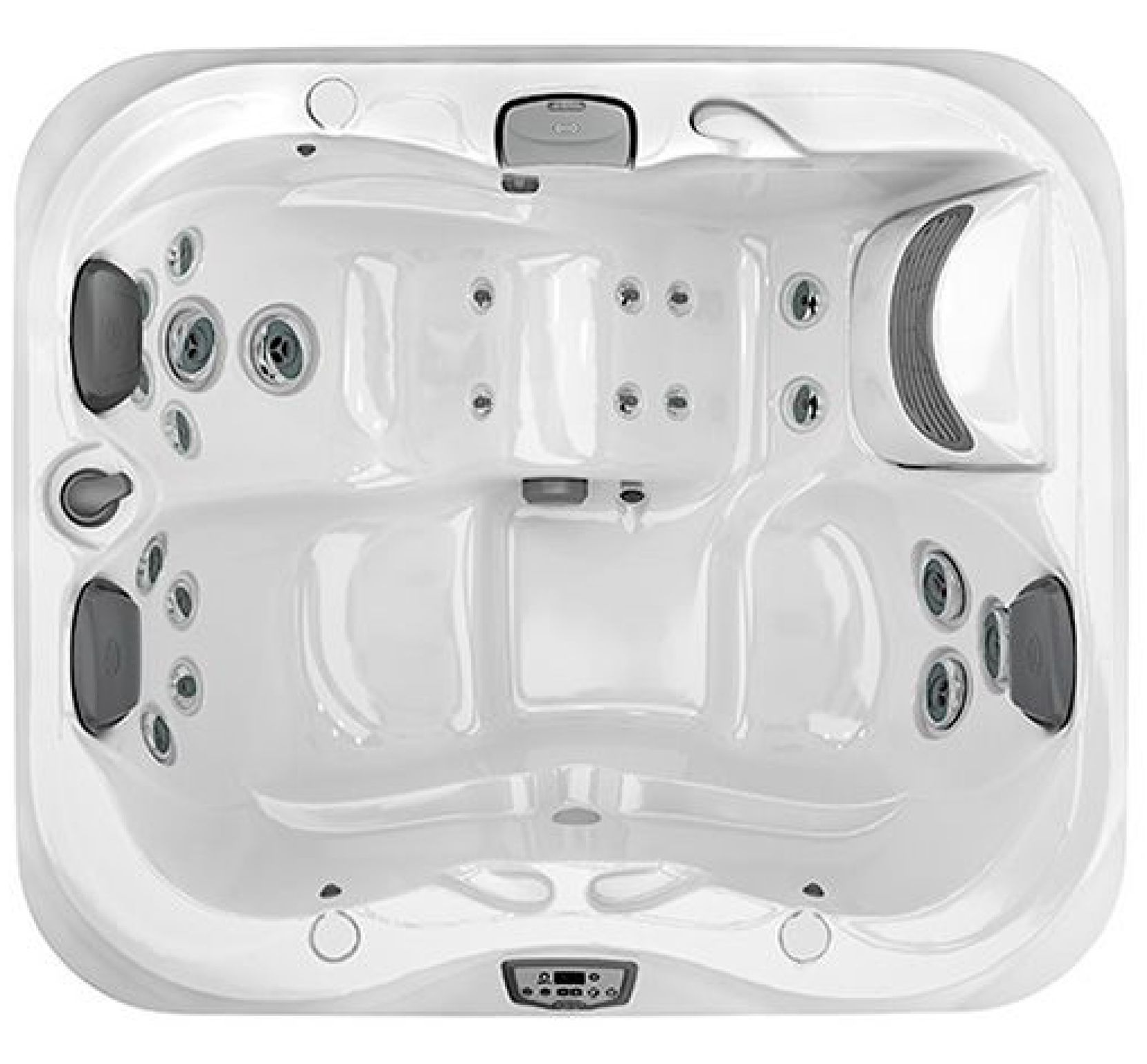 Top-down view of a white hot tub with multiple seats, jets, and headrests