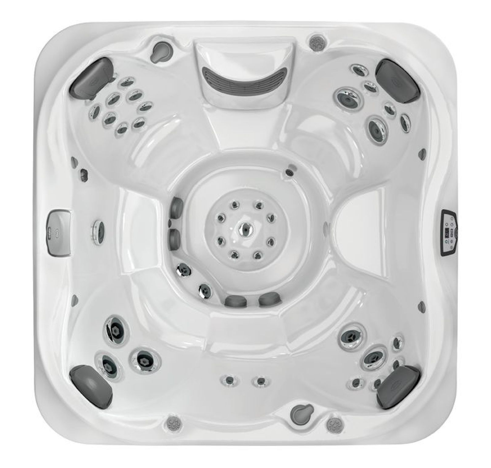 Top-down view of a white square hot tub with multiple seats and jets