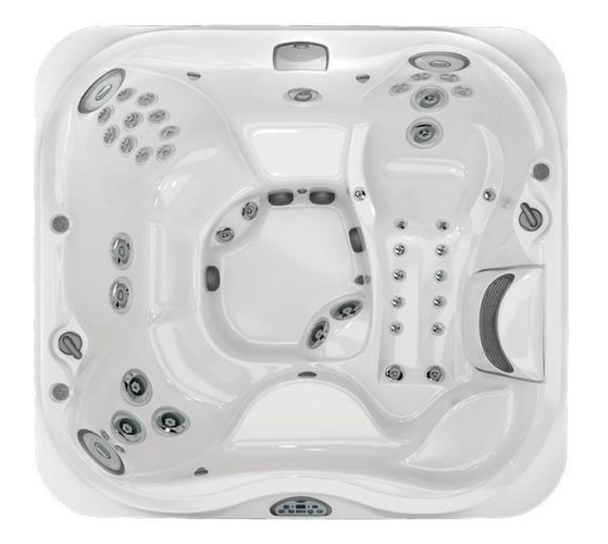 Overhead view of a white multi-seat hot tub with jets and built-in steps