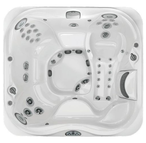 White oval hot tub with multiple seats and jets, viewed from above