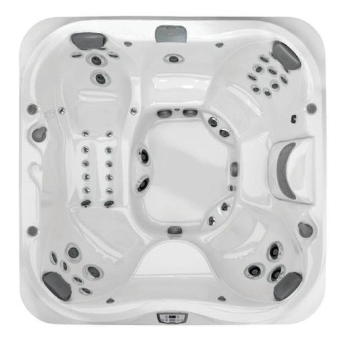 Top-down view of a white hot tub with multiple seats, jets, and headrests